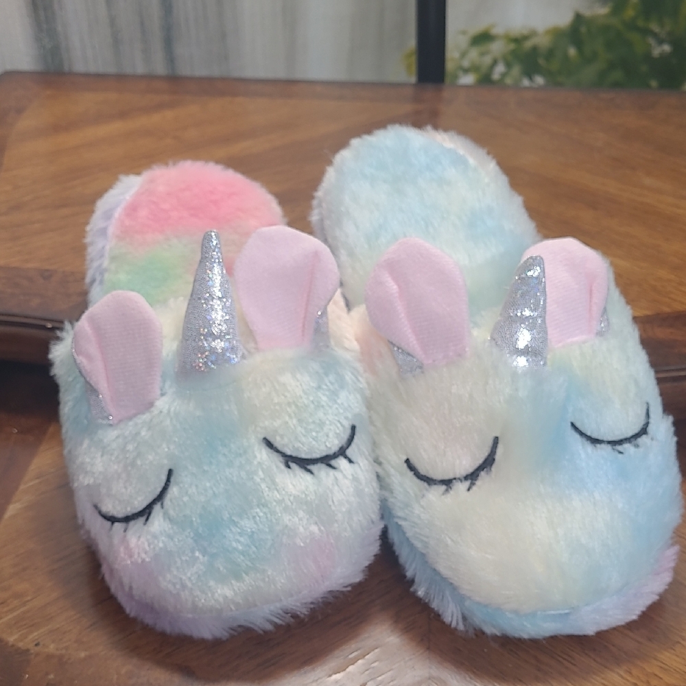 Pastel Unicorn Plush Slippers with Metallic Bling Glittery Horn Womens 7.5